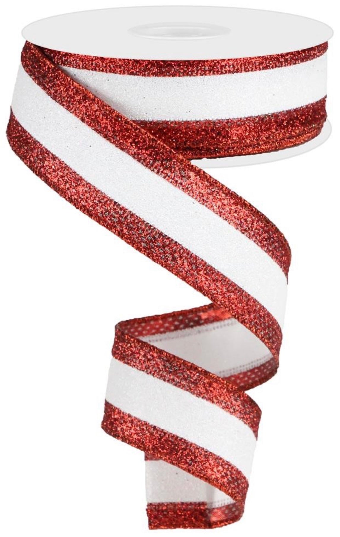 10 Yards - 1.5” Wired Red and White Heavy Glitter Stripe Ribbon