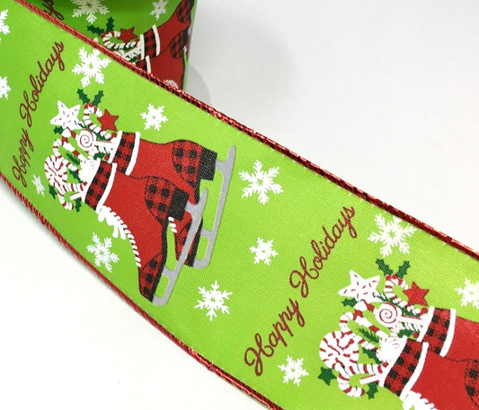 10 Yards - 2.5” Wired Lime Green Ice Skates Happy Holidays Ribbon