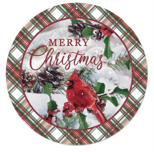 12” Round Metal Merry Christmas Cardinal Wreath Sign