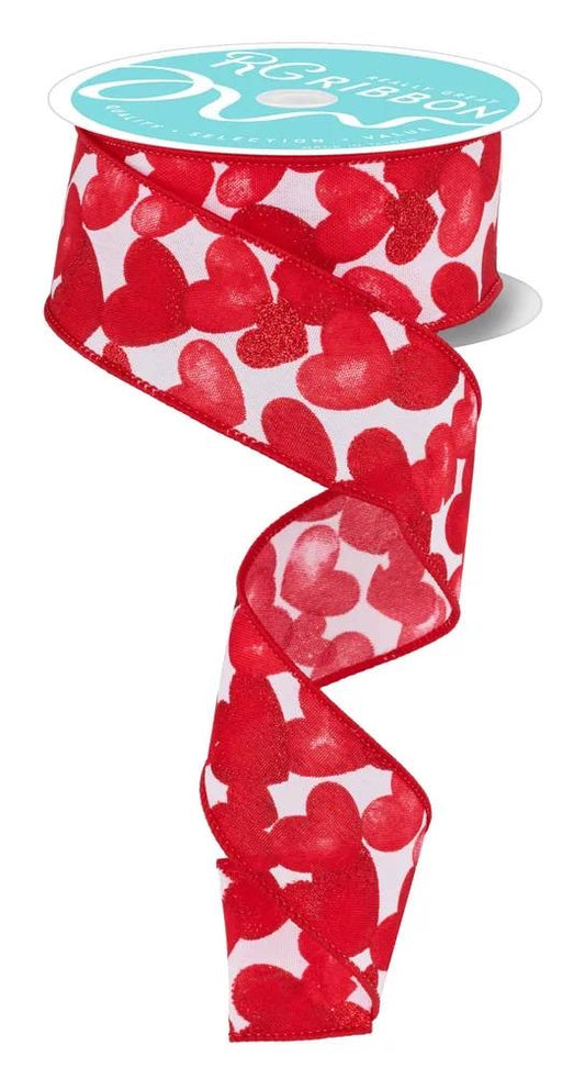 Wired White Background Red Hearts Glitter Accent Valentines Day Ribbon- 1.5”x10 Yards