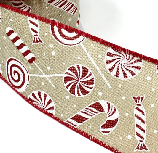 10 Yards - 2.5” Wired Candy Cane Sweets Swirl Christmas Ribbon