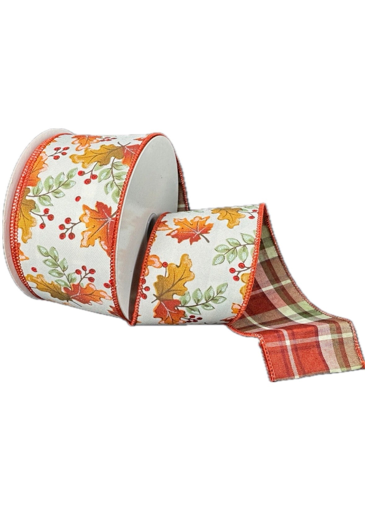 Wired Sage Orange  Fall Leaves Plaid Back Ribbon- 2.5”x10 Yards