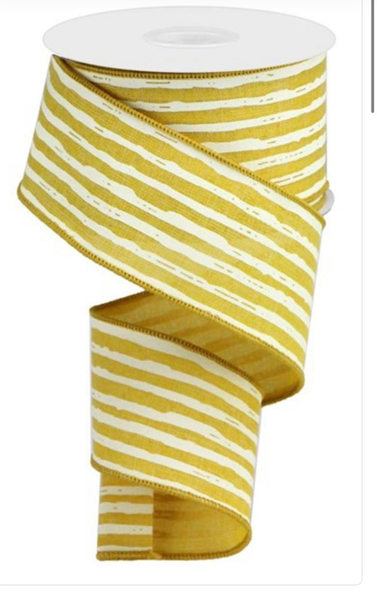 2.5”x 10 Yards Wired Mustard and Cream Irregular Striped Ribbon