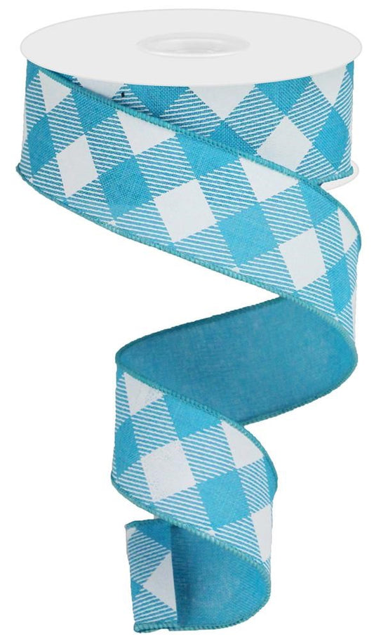 10 Yards - 1.5” Wired Turquoise and White Cross Check Ribbon