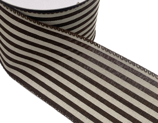 10 Yards - 2.5" Wired Chocolate Brown and Cream Stripe Ribbon