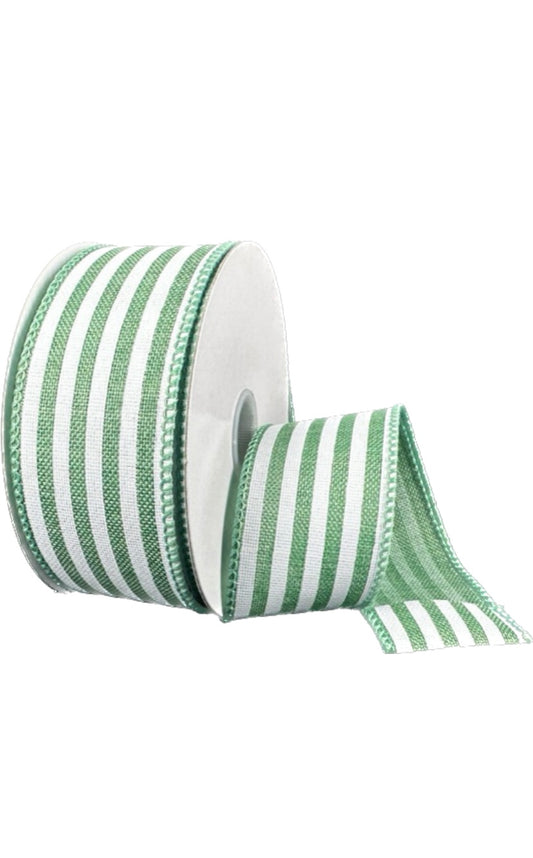 Wired Sage Linen White Cabana Stripes Ribbon-1.5”x10 Yards