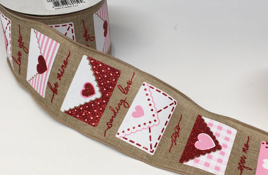 10 Yards - 2.5" Wired Natural Background Valentines Day Envelope Ribbon with Glitter Accent