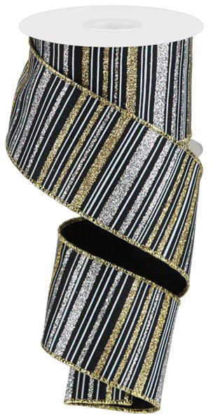 10 Yards - 2.5" Wired Black, White, Gold, and Silver Glitter Stripe Ribbon