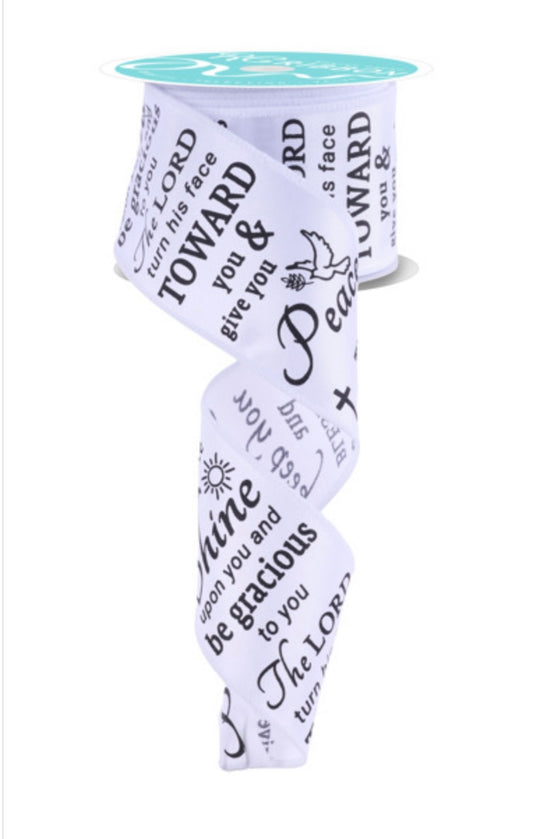 10 Yards - 2.5" Wired Ivory and Black The Lord Bless You Religious Ribbon