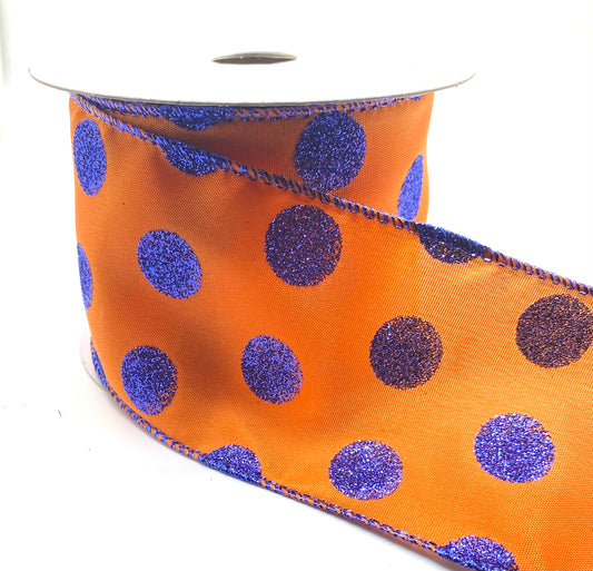 10 Yards - 2.5” Wired Orange with Blue Glitter Polka Dot Ribbon