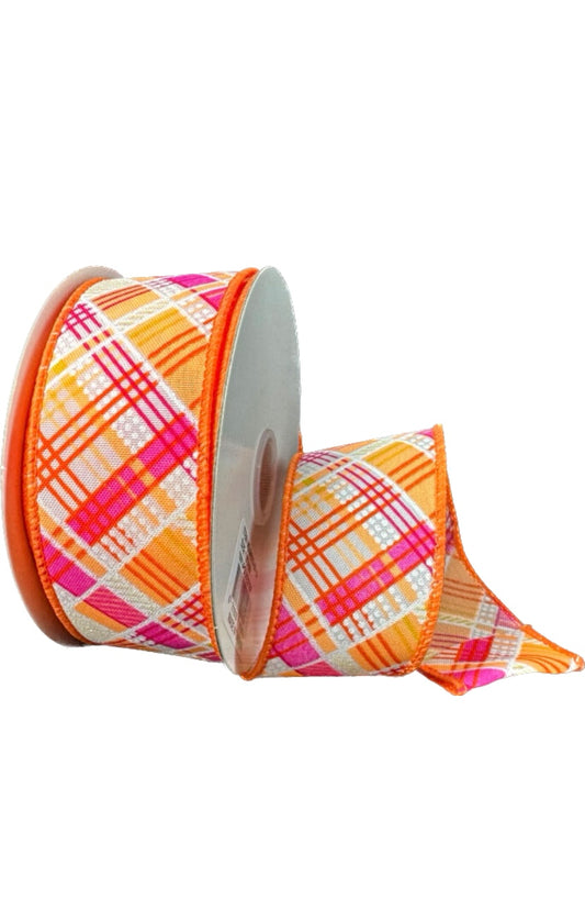 10 Yards - 1.5” Wired Pink, Orange, and White Diagonal Cabot Printed Plaid Ribbon