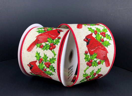 10 Yards - 2.5" Wired Natural Background Red Cardinal with Holly Berries Christmas Ribbon