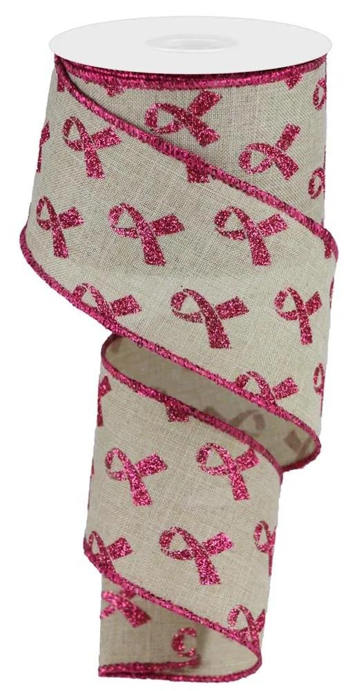 Wired Natural Background Breast Cancer Awareness Ribbon with Glitter Accent- 2.5”x 10 Yards