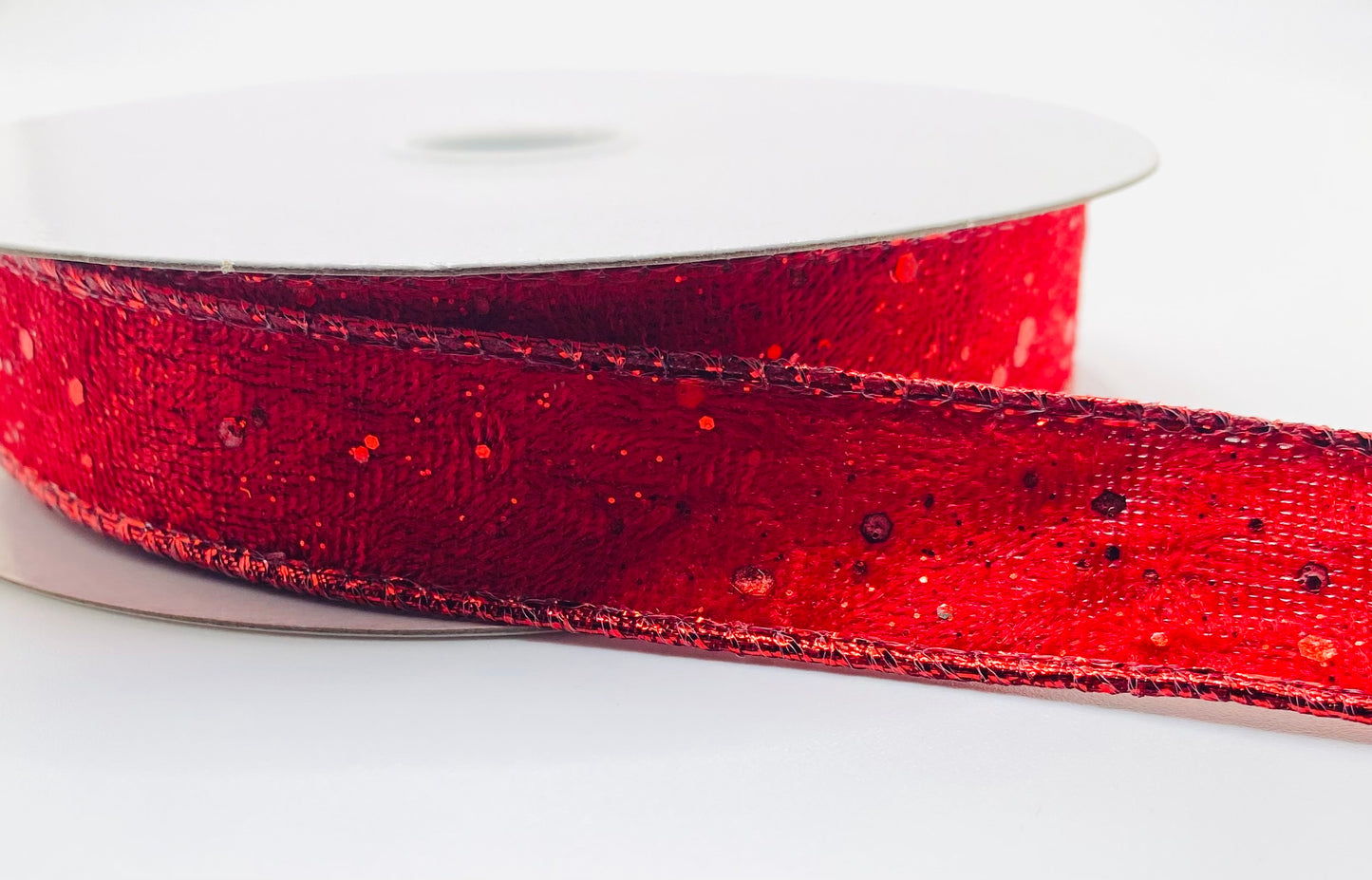 10 Yards - 7/8” Wired Red Glitter Lush Velvet Ribbon