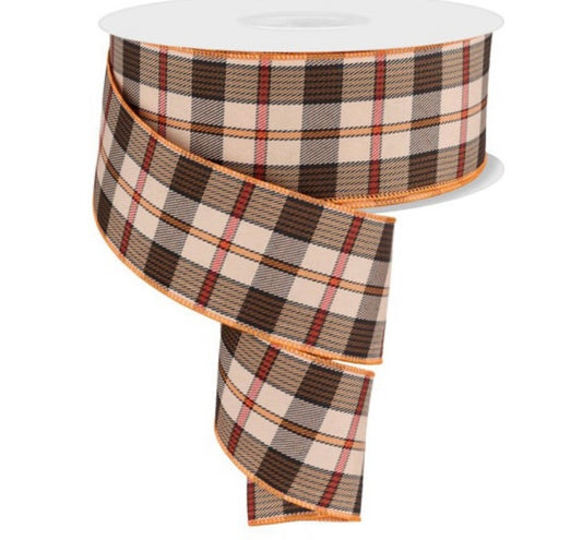 50 Yards - 2.5" Wired Beige Orange Brown Woven Plaid Ribbon