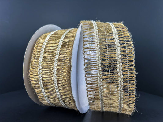 Wired Boho Burlap Weave-Cream Double Stripe Ribbon-2.5”x10 Yards
