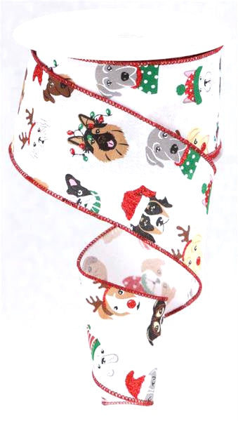 10 Yards - 2.5” Wired White Background Christmas Dog Ribbon with Glitter Accent