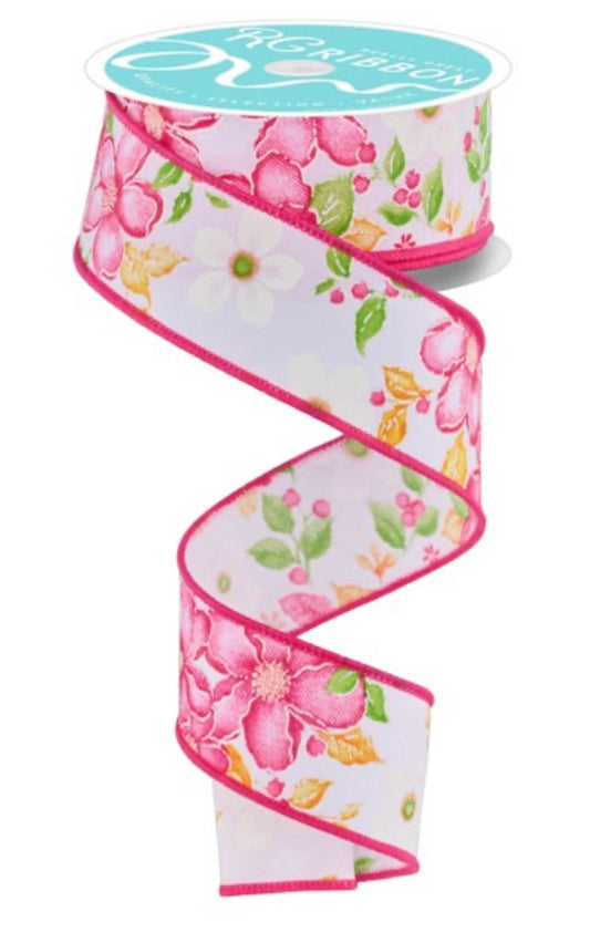 10 Yards - 1.5” Wired Spring Flowers on White Background Ribbon