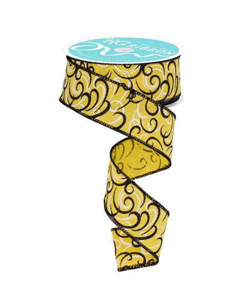 10 Yards - 1.5” Wired Yellow, Black, and White Multi Swirl Glitter Ribbon