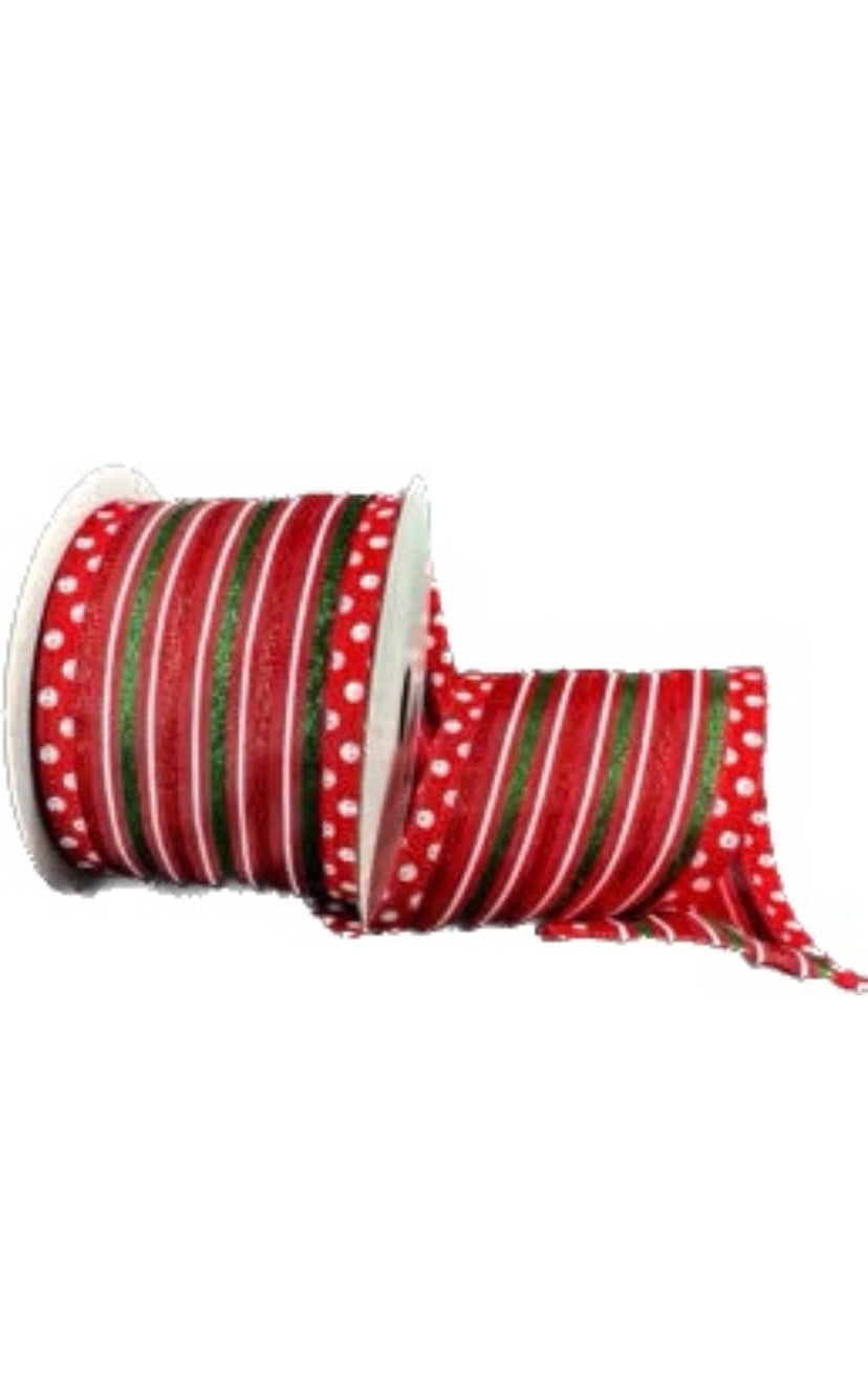 Wired Red Satin Emerald and Red Stripe White Dot Edge Ribbon- 2.5”x10 Yards