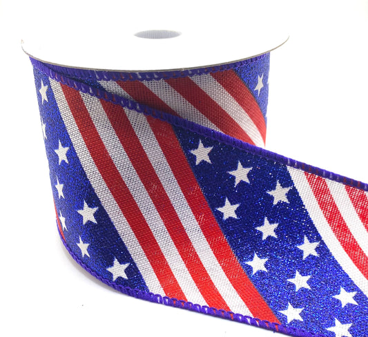 10 Yards - 2.5” Wired Stars and Stripes Ribbon with Blue Glitter Accent