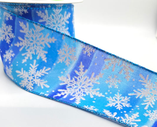 10 Yards - 2.5” Wired Royal Blue Aqua Ombré Satin White Snowflake Ribbon