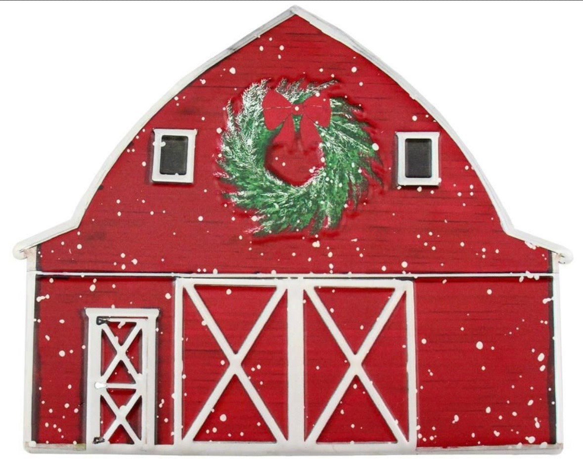 12"L x 9.75"H Metal/Embossed Winter Barn Wreath Sign