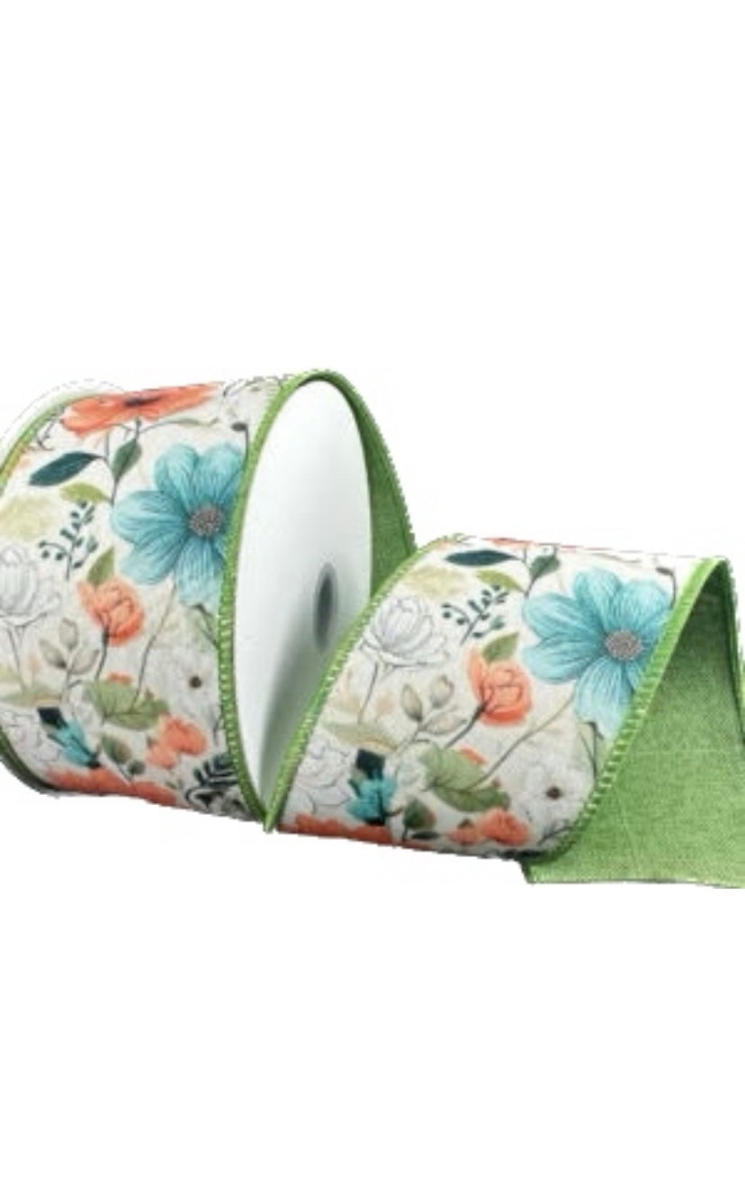 Wired Double Sided Creamy Coral-Teal Flowers Sage Linen Back Ribbon- 2.5”x10 Yards