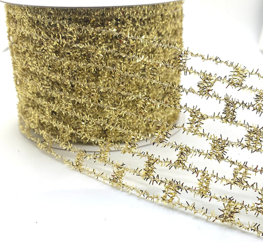 10 Yards - 2.5” Wired Gold Sparkle Expandable Tinsel Ribbon