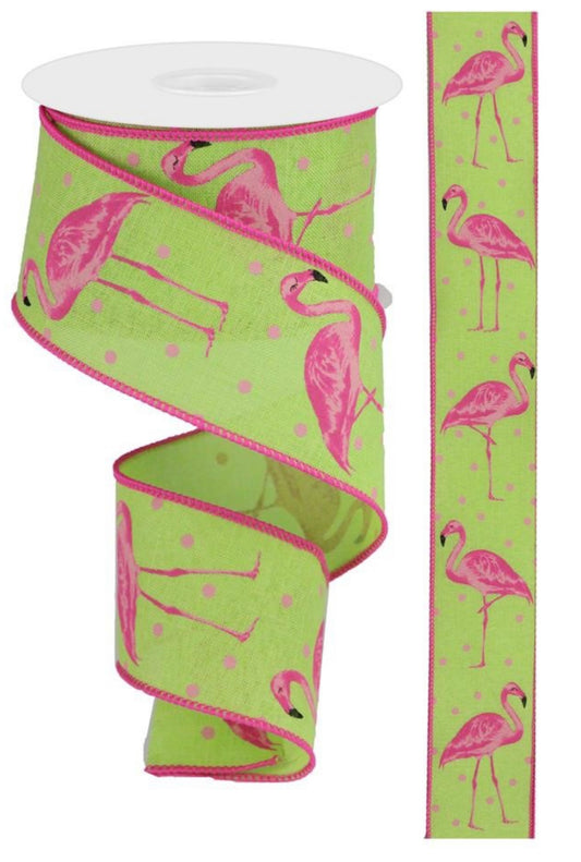 10 Yards - 2.5” Wired Lime Green Pink Flamingo Ribbon