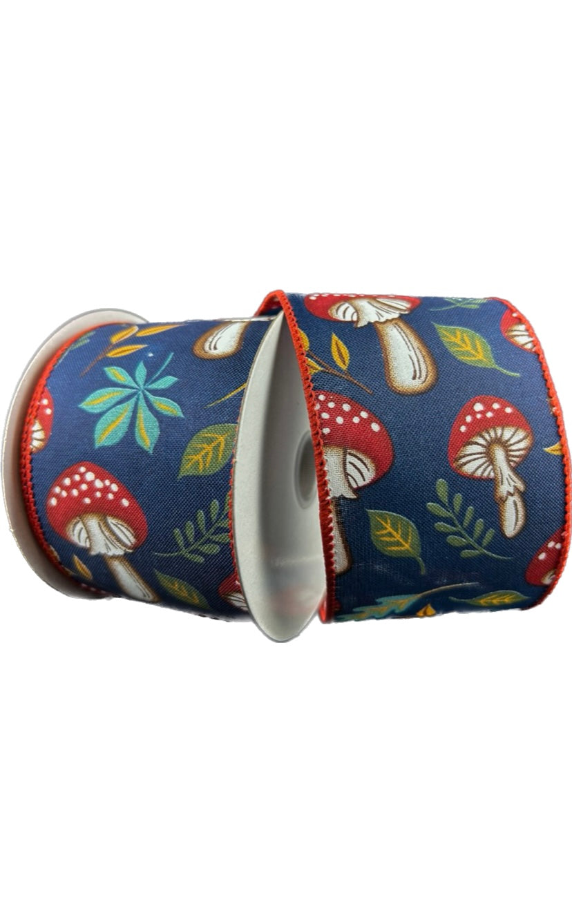 Wired Earthy Fall Mushrooms Ribbon- 2.5”x10 Yards
