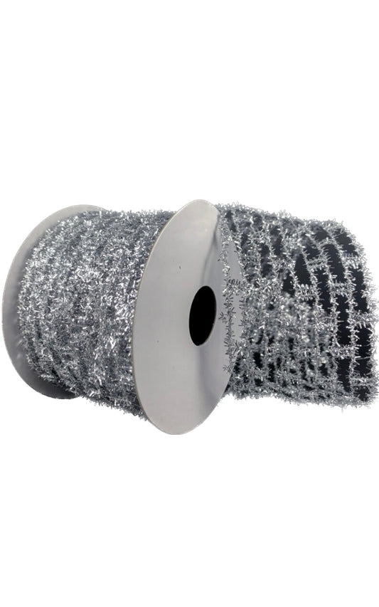 Wired Silver Sparkle Expandable Tinsel Ribbon-4” x10 Yards
