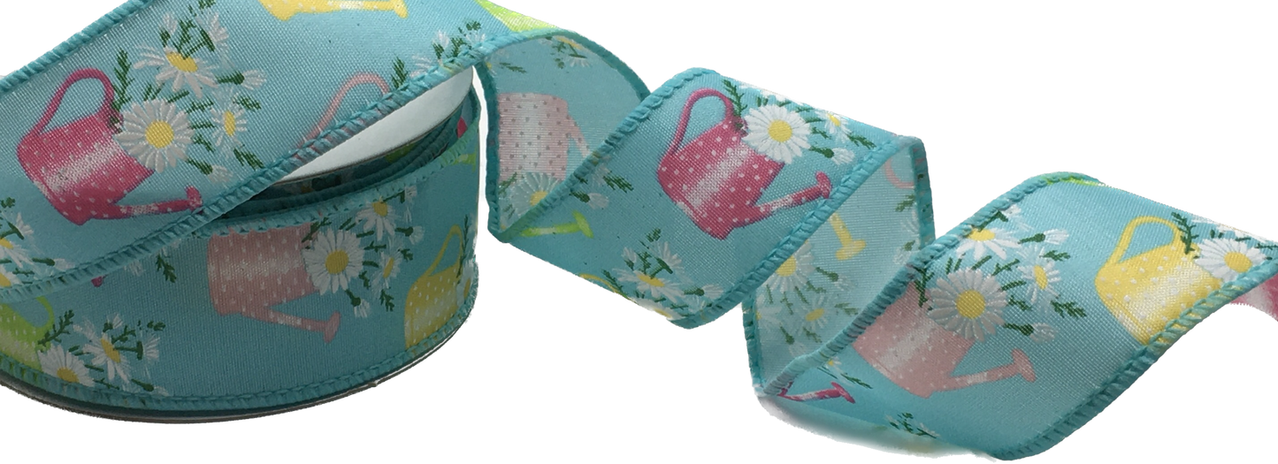 10 Yards - 1.5” Wired Gardening Water Can and Flowers Print Ribbon