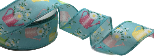 10 Yards - 1.5” Wired Gardening Water Can and Flowers Print Ribbon