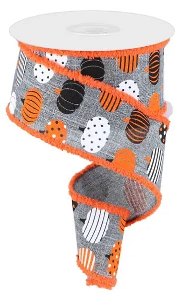 Wired Gray Background Pumpkin Ribbon with Orange Drift Edge - Fall Ribbon - Halloween Ribbon-2.5”x10 Yards