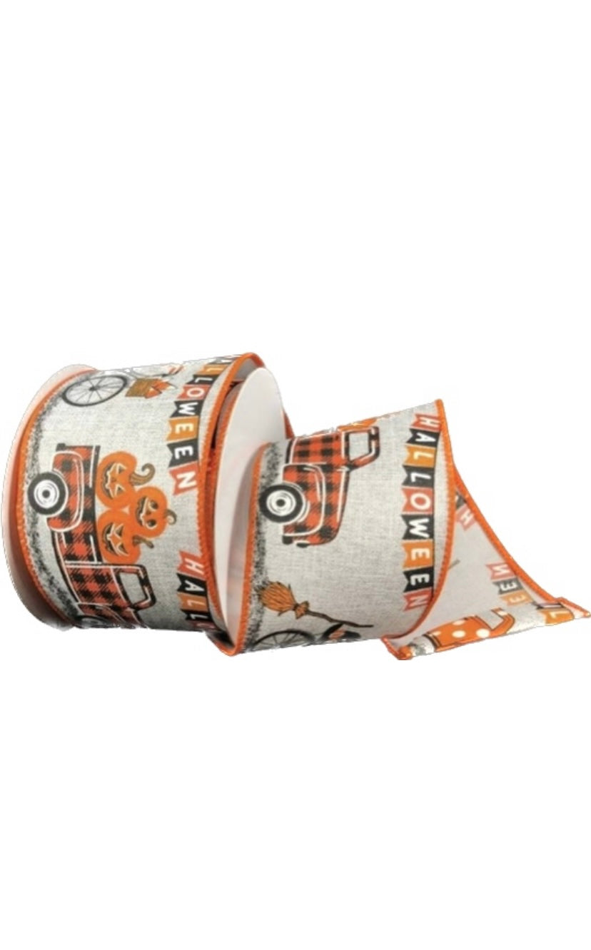 Wired Gray Background Orange Trucks and Bikes Halloween Ribbon-2.5”x 10 Yards