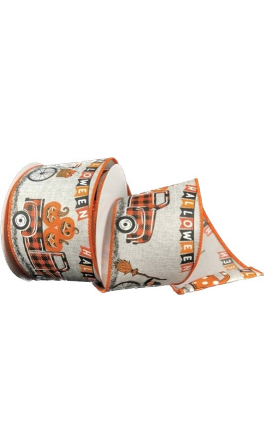 Wired Gray Background Orange Trucks and Bikes Halloween Ribbon-2.5”x 10 Yards
