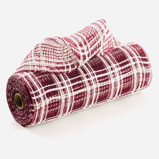 10”x 10 Yards Burgundy, Cream and White Fabric Plaid Mesh