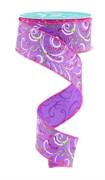 10 Yards - 1.5” Wired Purple, Pink, and White Multi Swirl Glitter Ribbon