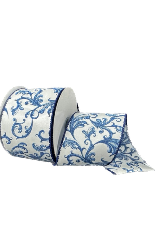 Wired White Glass Satin Chinoiserie Swirls Ribbon- 2.5”x10 Yards