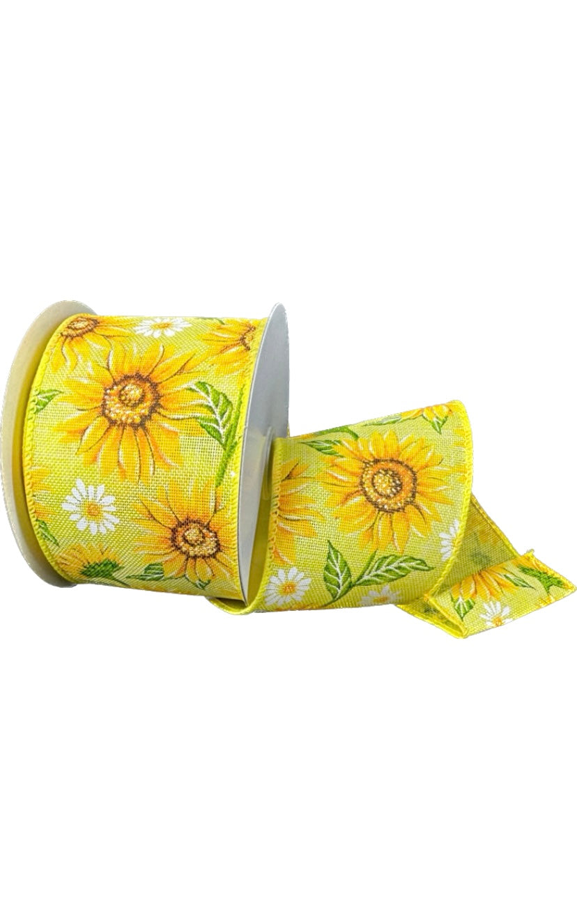 10 Yards - 2.5” Wired Yellow Background Sunflower Ribbon