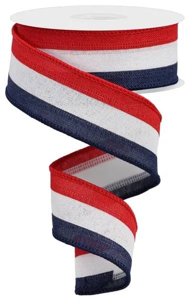 10 Yards - 1.5” Wired Red, White, and Navy Blue Patriotic Stripe Ribbon