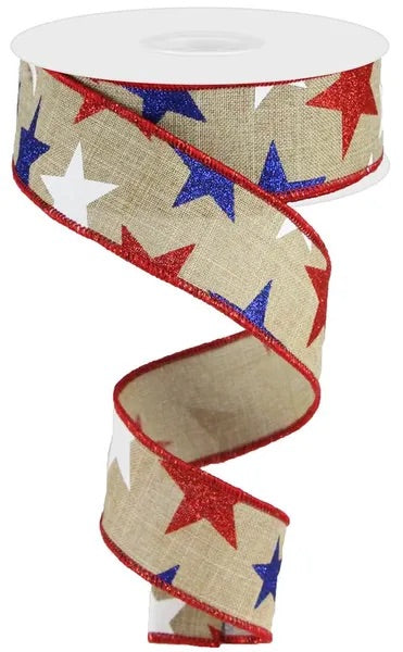 Wired Patriotic Red White Blue Stars Ribbon- 1.5”x 10 Yards