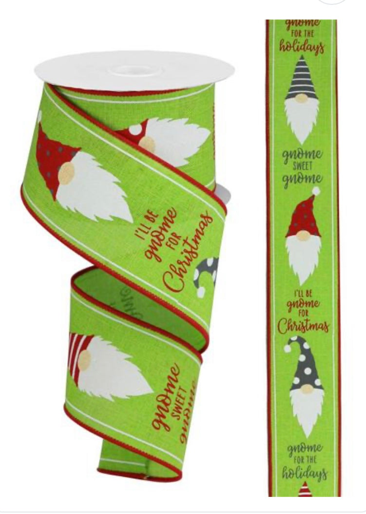 10 Yards - 2.5" Wired I’ll Be Gnome for Christmas Ribbon with Red Trim Edge