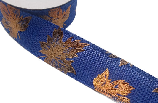 10 Yards - 1.5” Wired Royal Blue Background with Orange Foil Fall Leaves Ribbon