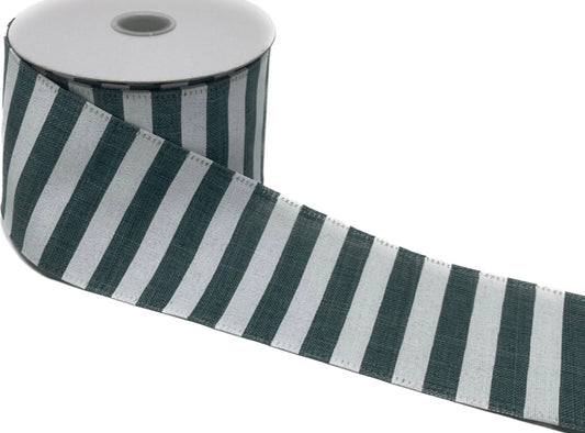 10 Yards - 2.5" Wired Dark Green and White Horizontal Stripe Ribbon