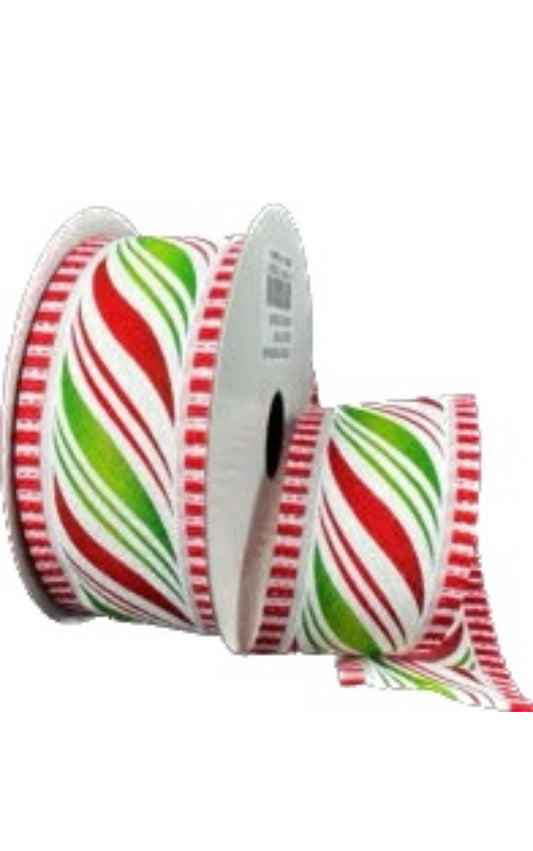 Wired Satin Peppermint Swirl Dash Edge Ribbon- 1.5”x10 Yards