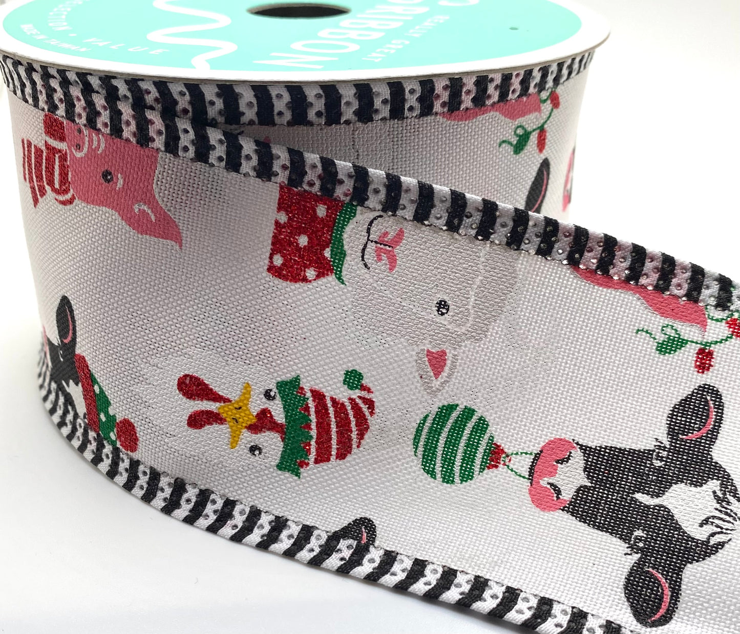 10 Yards - 2.5” Wired White Background Christmas Farm Animals Ribbon