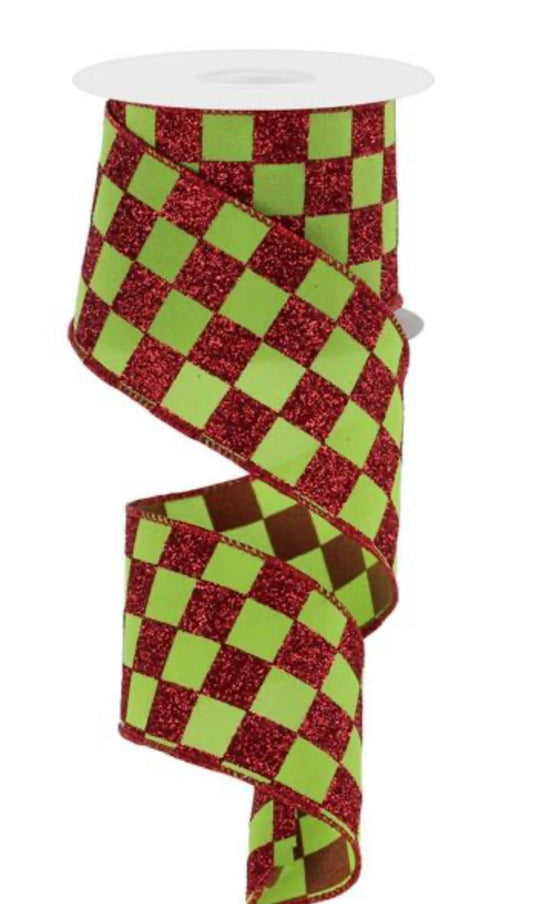 10 Yards - 2.5” Wired Lime Green and Red Check Christmas Ribbon