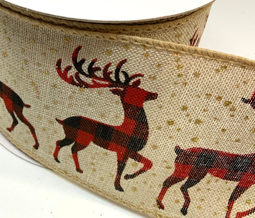 10 Yards - 2.5" Wired Natural with Buffalo Check Deer and Gold Glitter Ribbon